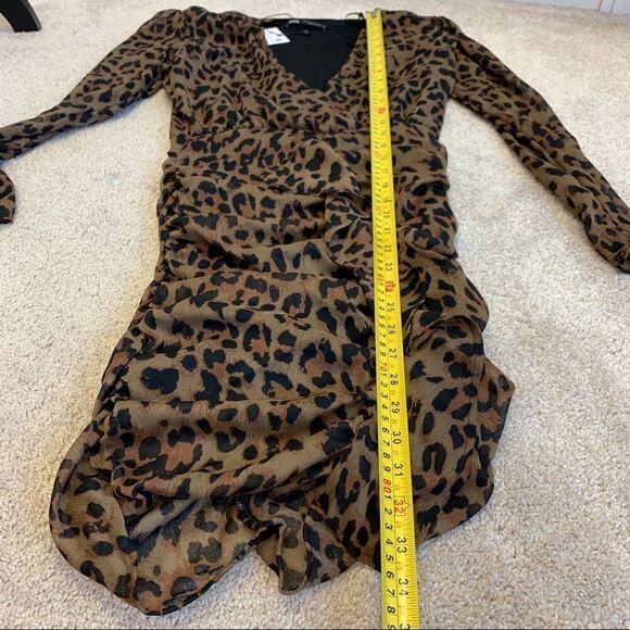 Zara Black brown ruffled animal leopard cheetah print ruched mini dress XS NWT - Picture 11 of 13